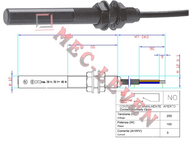 INTERRUPTOR MAGNETICO CILINDRICO NA 250V 1A 100W